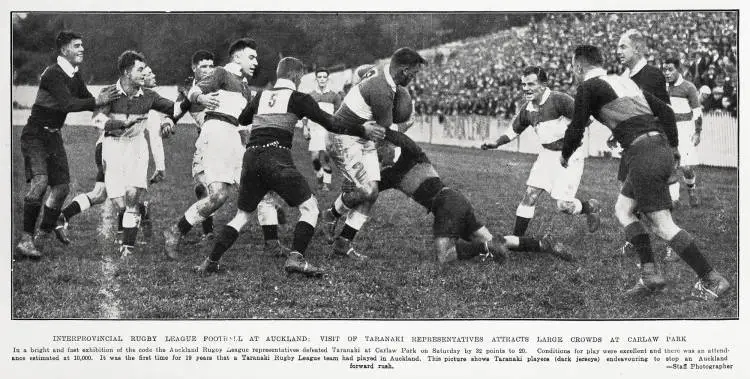 Interprovincial rugby league football at Auckland: visit of Taranaki representatives attracts large crowds at Carlaw park