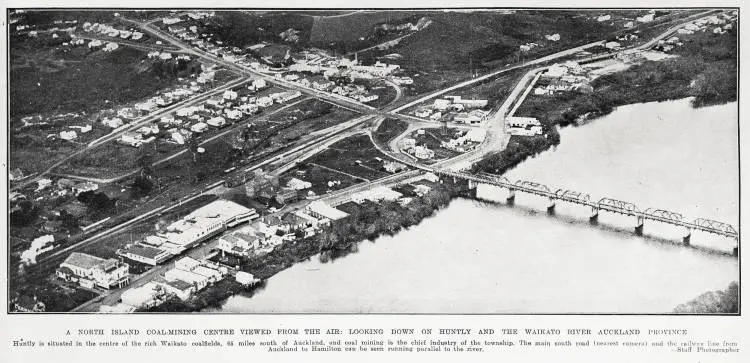 A North Island coal-mining centre viewed from the air: looking down on Huntly and the Waikato river Auckland province