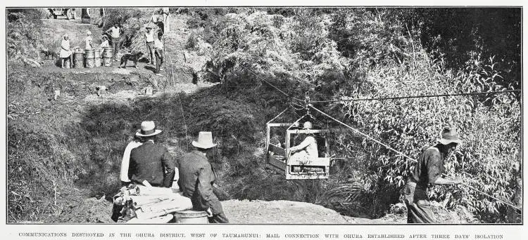 Communications destroyed in the Ohura district, West of Taumarunui: mail connection with Ohura established after three days isolation