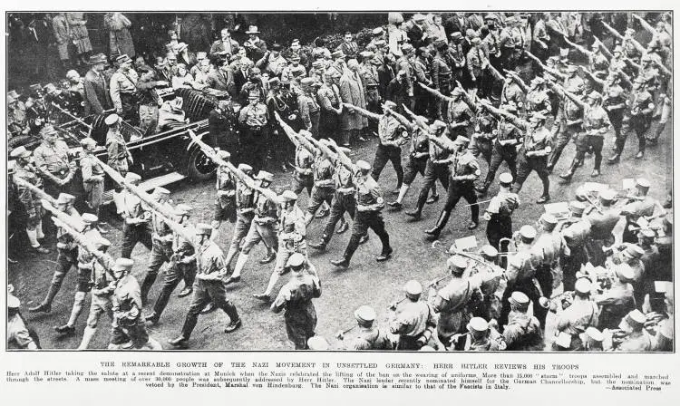 The remarkable growth of the Nazi movement in unsettled Germany: Herr Hitler reviews his troops