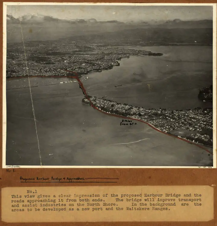 Aerial view of the proposed Harbour Bridge, 1946