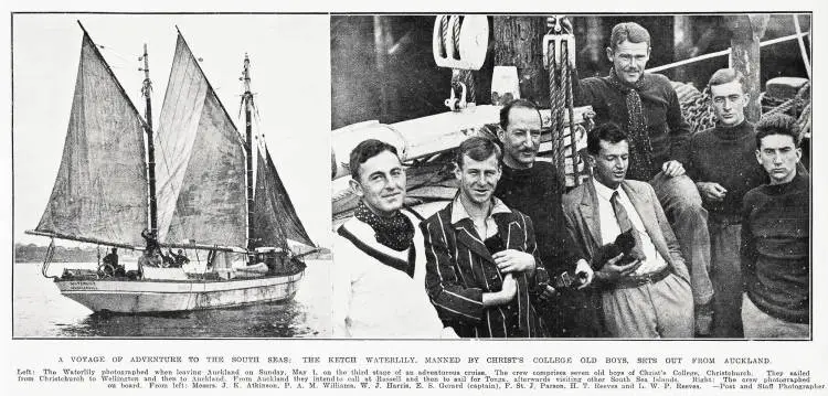 A voyage of adventure to the South Seas: the ketch waterlily, manned by Christ's college old boys, sets out from Auckland