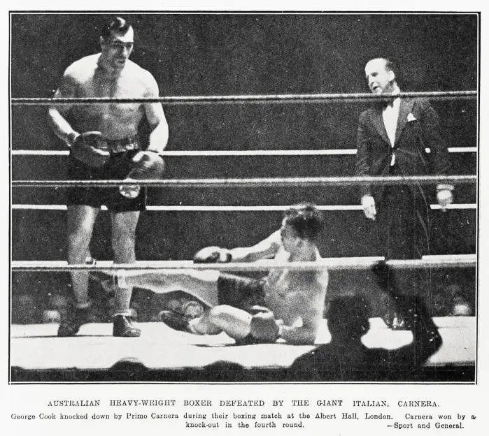 Australian heavy-weight boxer defeated by the giant Italian, Carnera