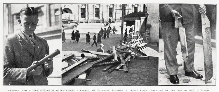 Weapons used by the rioters in queen street, Auckland, on Thursday evening: a picket fence destroyed by the mob to provide batons