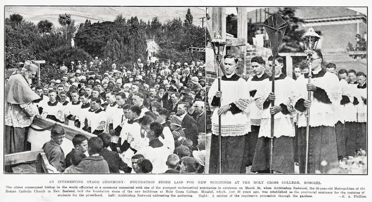 An interesting Otago ceremony: foundation stone laid for new buildings at the Holy Cross College, Mosgiel
