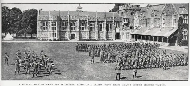 A splendid body of young New Zealanders: cadets at a leading South Island College undergo military training