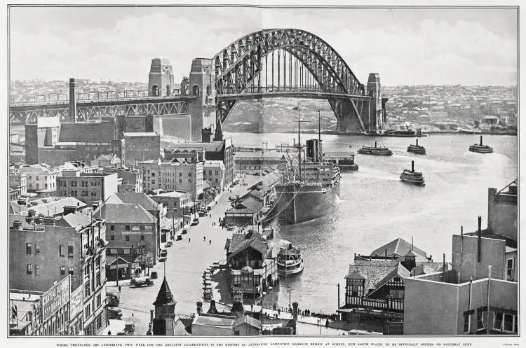 The completed harbour bridge at Sydney, New South Wales, to be officially opened on Saturday next