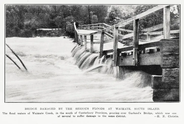 Bridge damaged by the serious floods at Waimate, South Island
