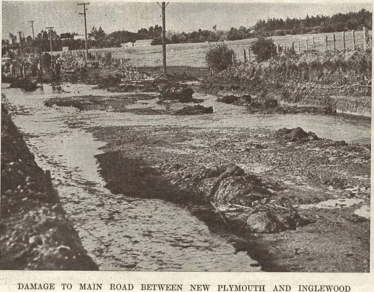 Damage to the road between New Plymouth and Inglewood after heavy rain