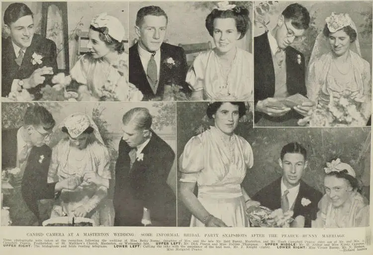 Wedding of Mrs Betty Campbell Pearce (nee Bunny) and Mr. Hugh Campbell Pearce at Masterton