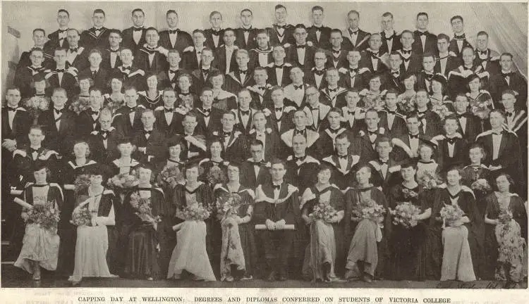 Students of Victoria College who were conferred with degrees and diplomas at the Town Hall, Wellington