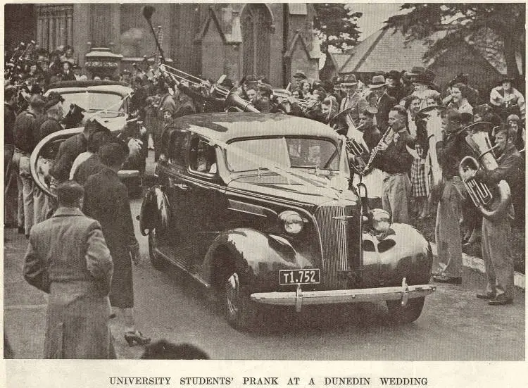 University students prank at the wedding of Mr. Norman Pearson and Miss Phyllis Watson in Dunedin