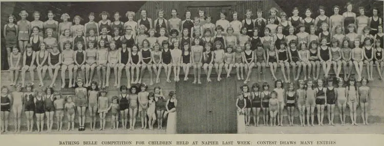 Young girls in a bathing beauty contest, at the Sound Shell in Napier