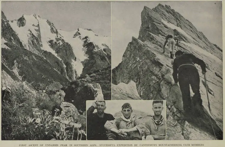 The mountaineering party from the Canterbury Mountaineering Club in the Southern Alps