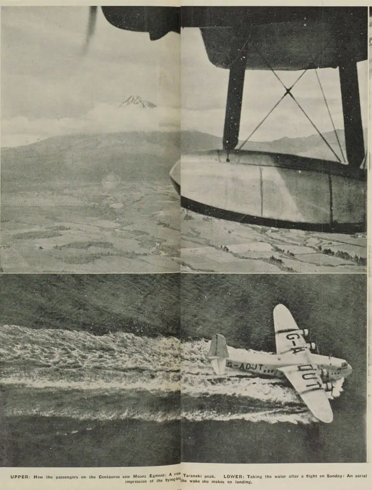 The flying-boat Centaurus flying over Mount Taranaki and landing in the sea