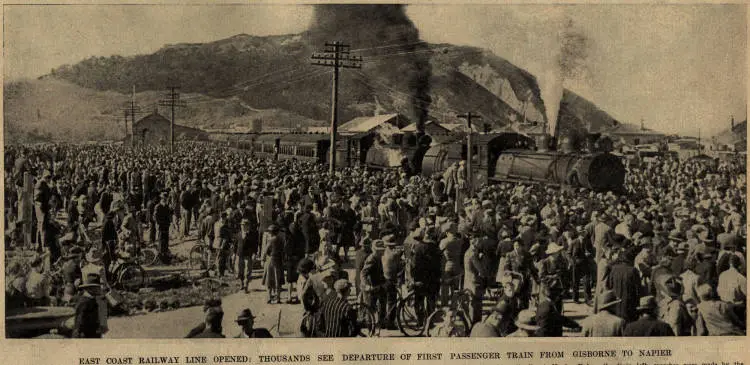 East Coast railway line opened. Thousands see departure of first passenger train from Gisborne to Napier