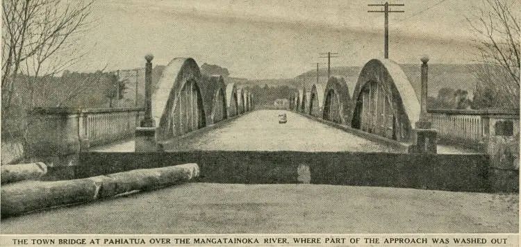The town bridge at Pahiatua over the Mangatainoka River, where part of the approach was washed out