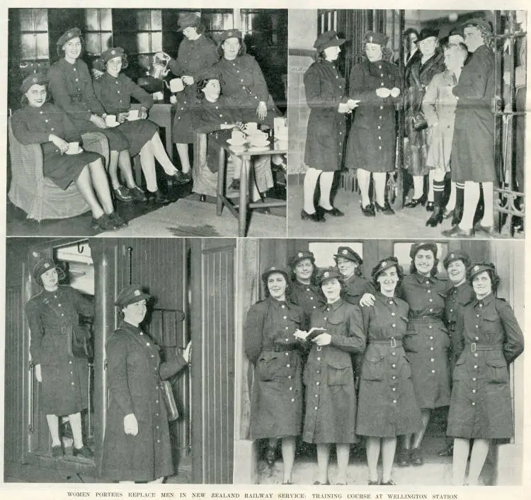 Women porters replace men in New Zealand railway service: training course at Wellington Station