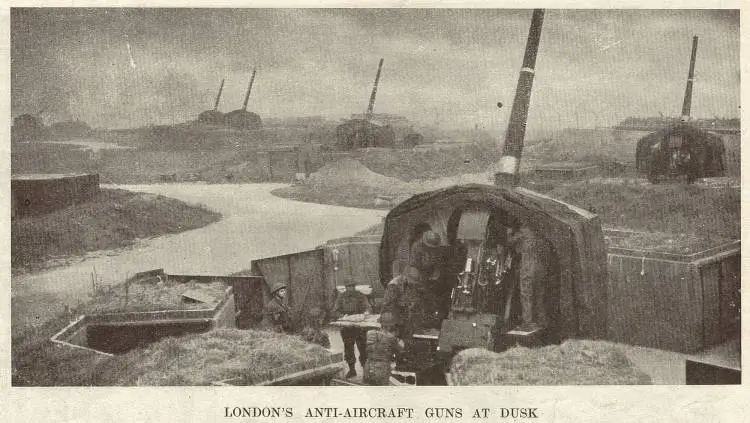 London's anti-aircraft guns at dusk