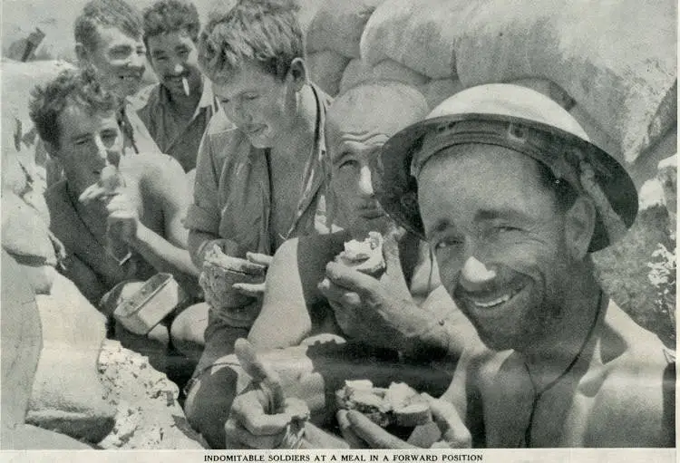 Indomitable soldiers at a meal in a forward position