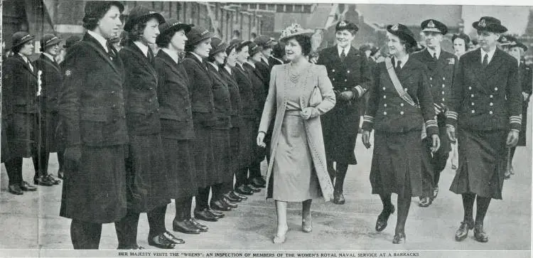 Her Majesty visits the 'Wrens': an inspection of members of the Women's Royal Naval Service at a barracks