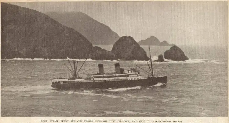 Cook Strait ferry steamer passes through Tory Channel, entrance to Marlborough Sounds