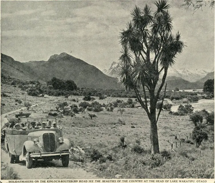 Holidaymakers on the Kinloch-Routeburn Road see the beauties of the country at the head of Lake Wakatipu, Otago