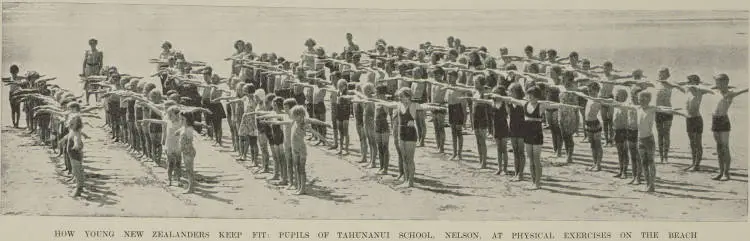 How young New Zealanders keep fit: pupils of Tahunanui School, Nelson, at physical exercises on the beach