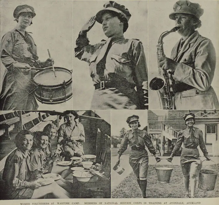 Women volunteers at wartime camp: members of National Service Corps in training at Avondale, Auckland