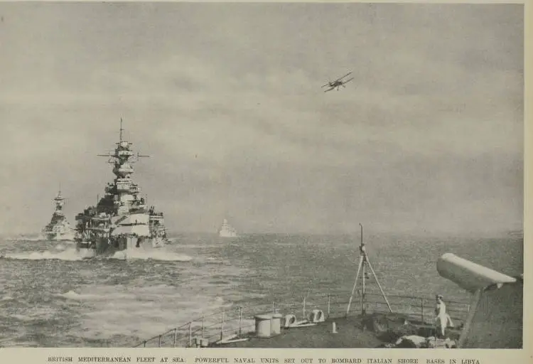 British Mediterranean Fleet at sea: powerful naval units set out to bombard Italian shore bases in Libya