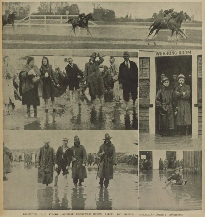 Torrential rain floods Cambridge racecourse during Labour Day meeting: unpleasant holiday conditions