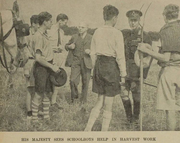 His Majesty sees schoolboys help in harvest work