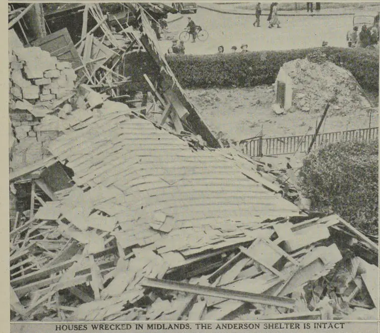 Houses wrecked in Midlands. The Anderson Shelter is intact