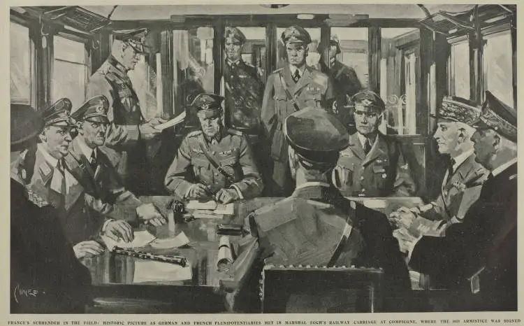 France's surrender in the field: historic picture as German and French plenipotentiaries met in Marshal Foch's railway carriage at Compiegne