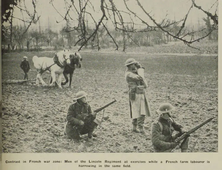 Contrast in French war zone: men of the Lincoln Regiment at exercises while a French farm labourer is harrowing in the same field