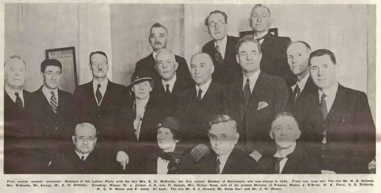 First woman Member welcomed: members of the Labour Party with the late Mrs. E. R. McCombs, the first woman member of Parliament, who was elected in 1933