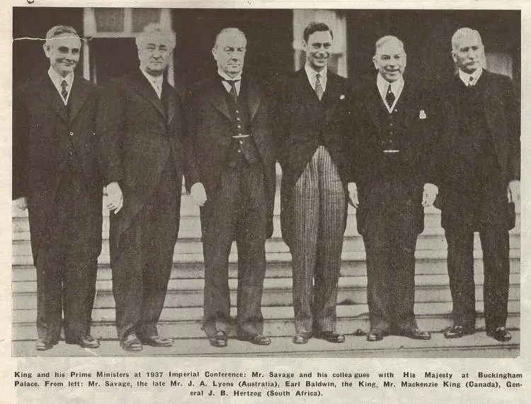 King and his Prime Ministers at 1937 Imperial Conference: Mr. Savage and his colleagues with His Majesty at Buckingham Palace