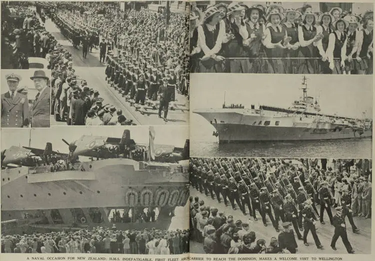 A naval occasion for New Zealand: H.M.S. Indefatigable, first fleet aircraft carrier to reach the Dominion, makes a welcome visit to Wellington