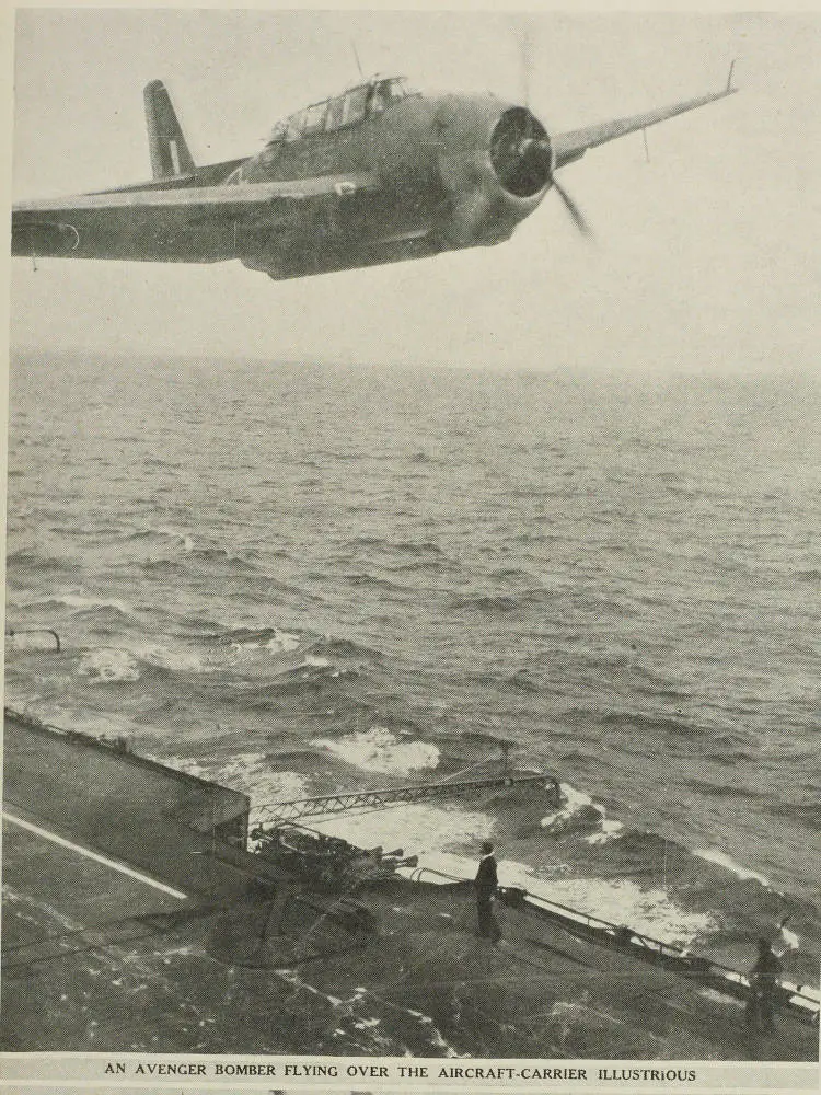An Avenger bomber flying over the aircraft-carrier Illustrious