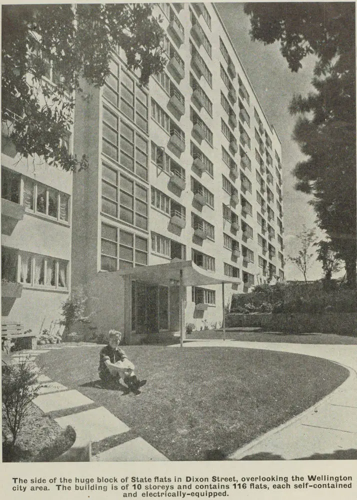 The huge block of State flats in Dixon Street, overlooking the Wellington city area