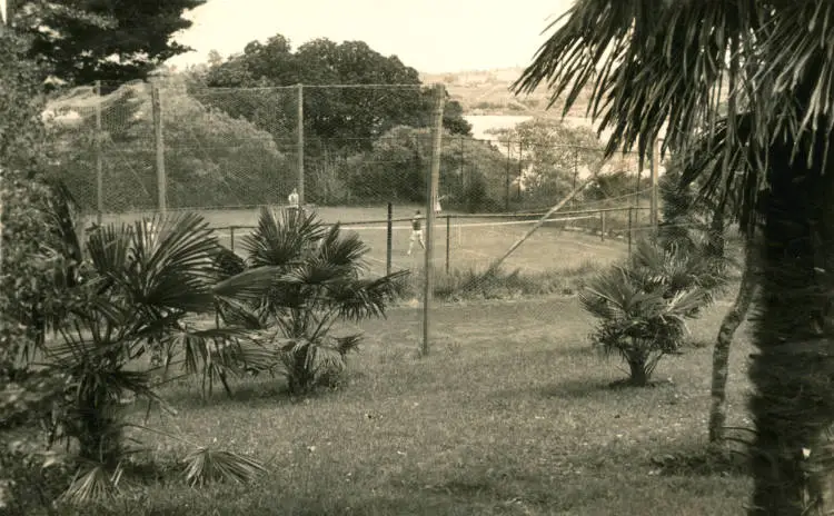 Tennis game in progress, Milford Tennis Club, Takapuna.