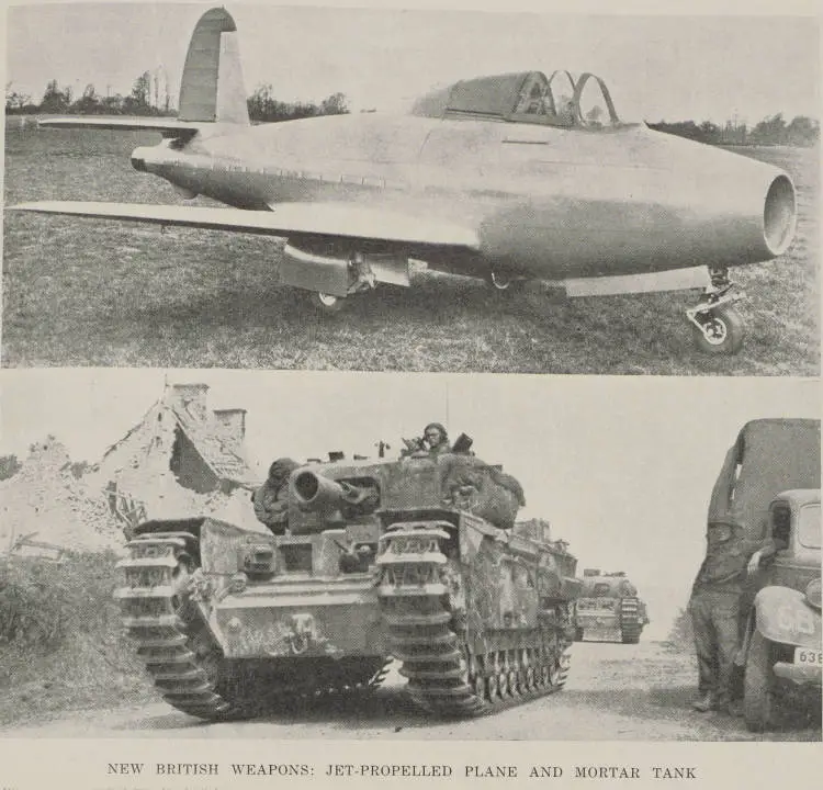 New British weapons: jet-propelled plane and mortar tank