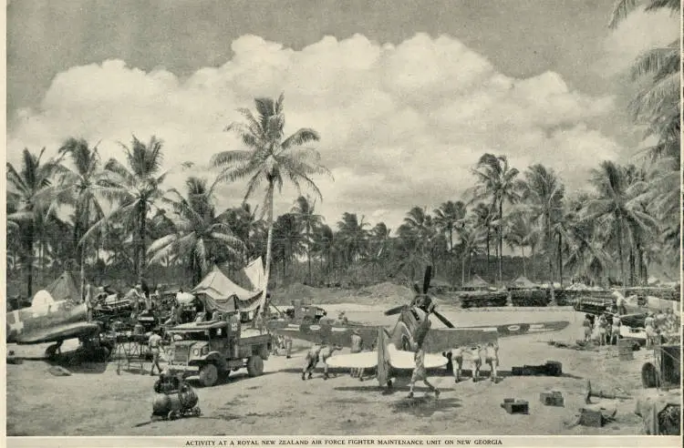 Activity at a Royal New Zealand Air Force fighter maintenance unit on New Georgia