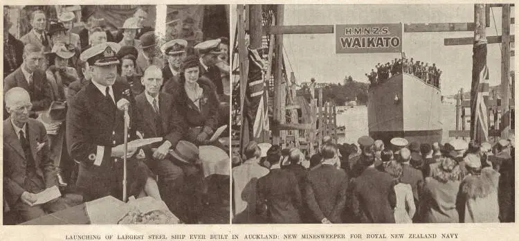 Launching of largest steel ship ever built in Auckland: new minesweeper for Royal New Zealand Navy
