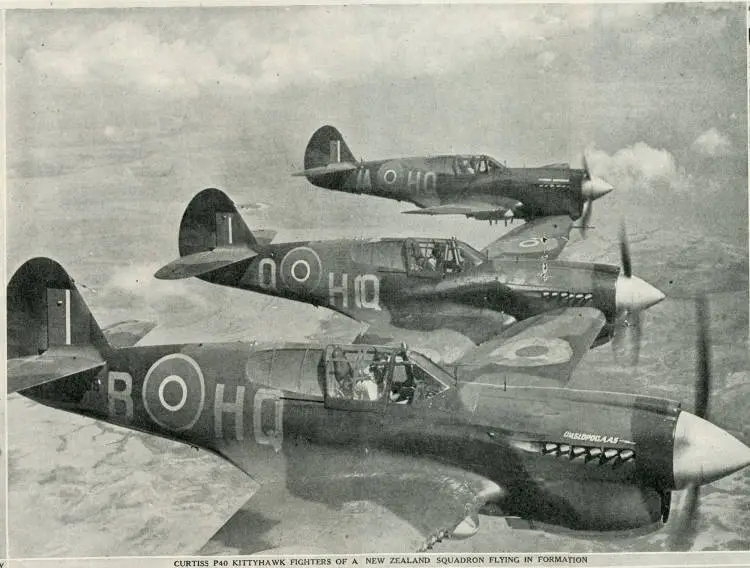 Curtiss P40 Kittyhawk fighters of a New Zealand squadron flying in formation