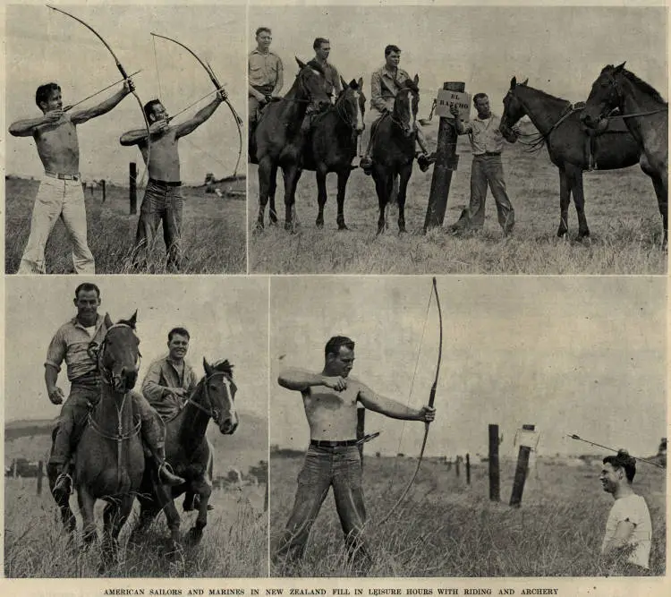 American sailors and Marines in New Zealand fill in leisure hours with riding and archery