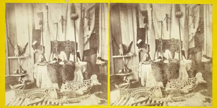 Māori artefacts in Sir George Grey's Museum, Kawau Island, 1871