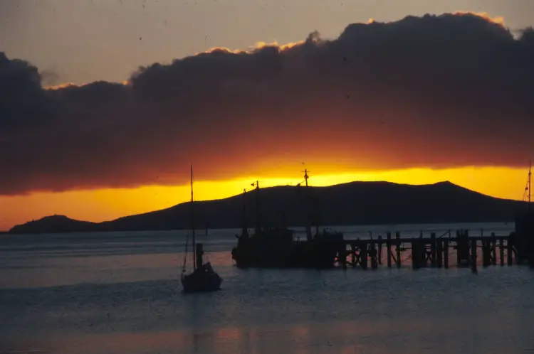 Fishing boat at Port Chalmers at sunset, 1976