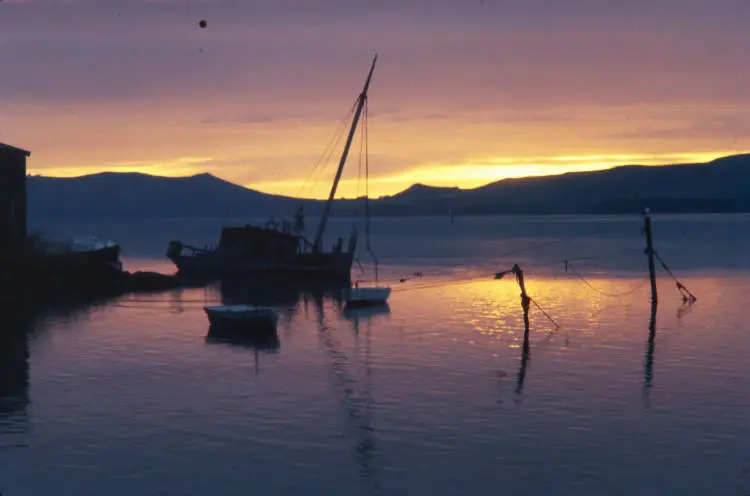 Fishing boat at Port Chalmers at sunset, 1976