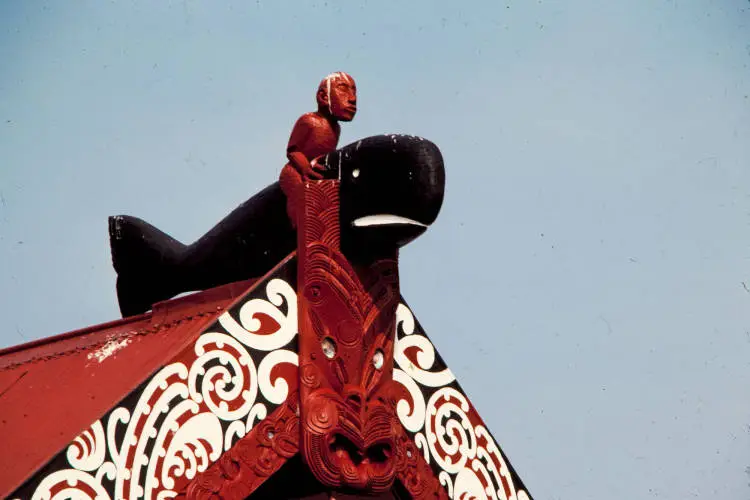 Paikea riding a whale, Whāngārā marae, Whangara, 1980